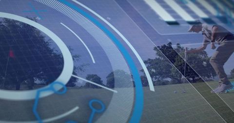 Golfer lining up putt with augmented reality HUD overlay and digital analytics on golf green