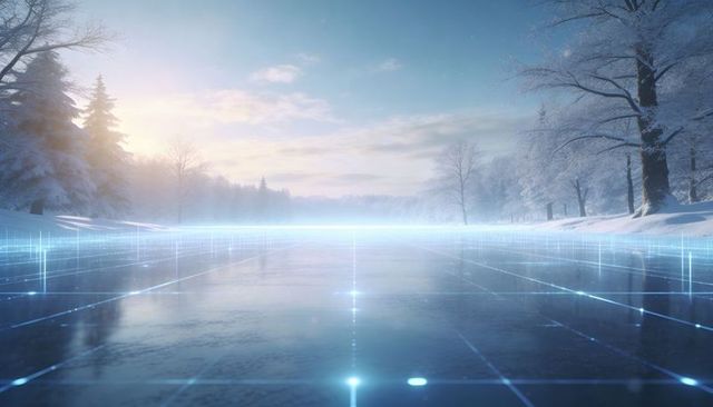 Futuristic winter lake with glowing grid nodes on ice, snow-covered forest at sunrise