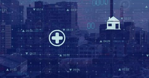 Digital data processing over cityscape with eco icons