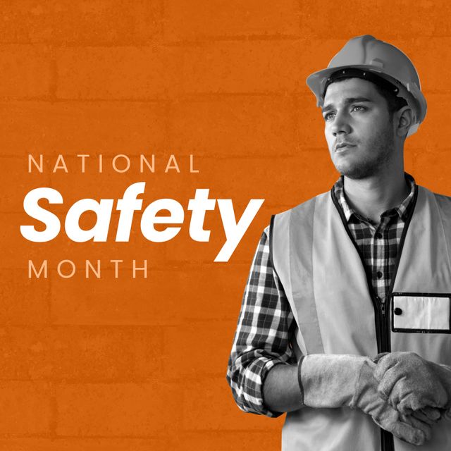 Male construction worker in hard hat and safety vest posing with serious expression on orange background, promoting National Safety Month. Ideal for public awareness campaigns, workplace safety training materials, posters, and social media posts highlighting safety measures and safety equipment in the construction industry.