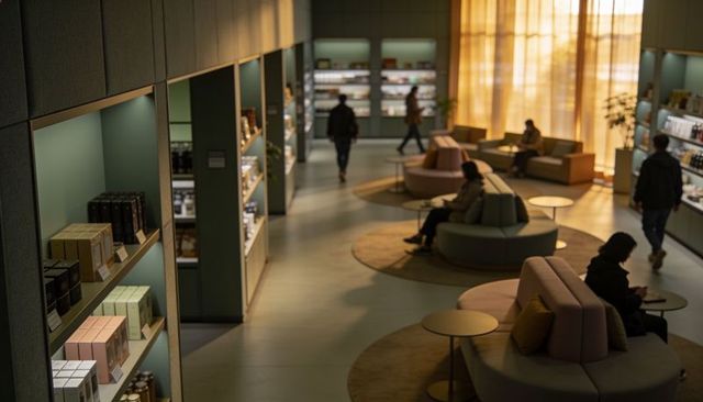 Modern boutique showroom with circular lounge seating and shoppers browsing curated displays