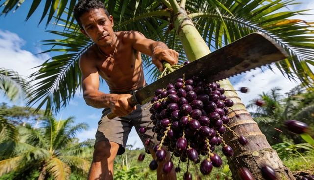 Shirtless worker swinging machete harvesting purple palm fruit in sunlit tropical grove