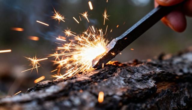 Scraping ferrocerium striker on log producing bright sparks for camping fire starting