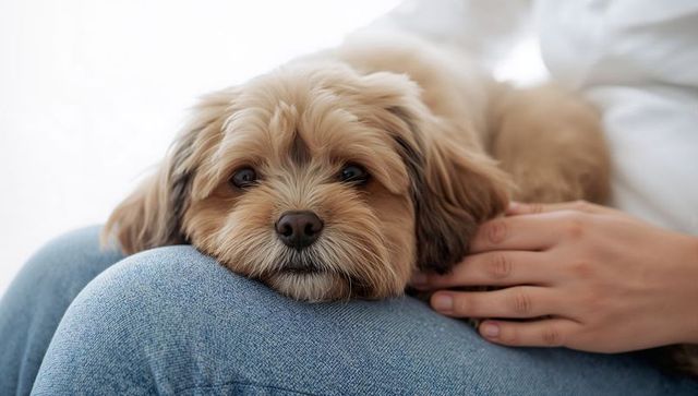 Tan-brown puppy resting on denim-clad knee while receiving gentle pet, cozy lap bond