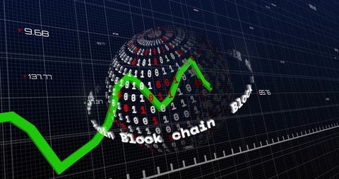 Futuristic Blockchain Data Globe with Binary Matrix and Green Trend Line Dashboard