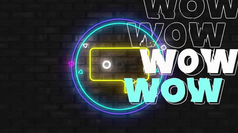 Neon Chat Icon with Repeated WOW Text on Brick Wall