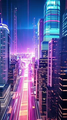 Vertical video panning through neon-lit cyberpunk boulevard with cyan-striped tower rising