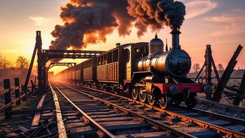 Historic first world war steam train with wooden cargo cars at sunrise