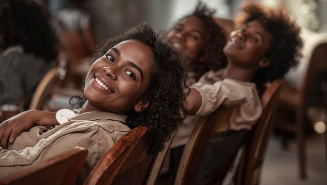 Smiling young woman leaning back in wooden lecture chair during collaborative group seminar
