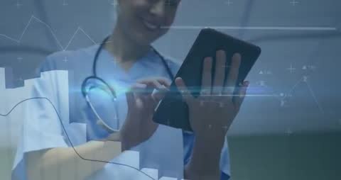 Healthcare Professional Using Tablet with Data Insights Overlay