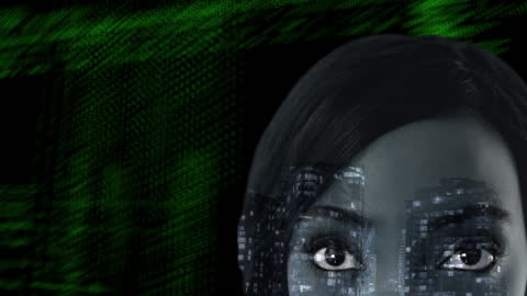 Futuristic Face with Data Patterns and Cityscape Overlay