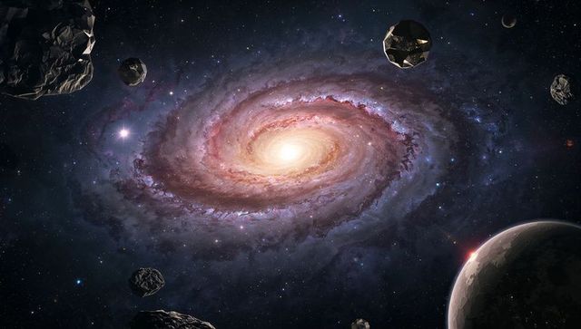 Spiral Galaxy with Asteroids and Planet in Deep Space