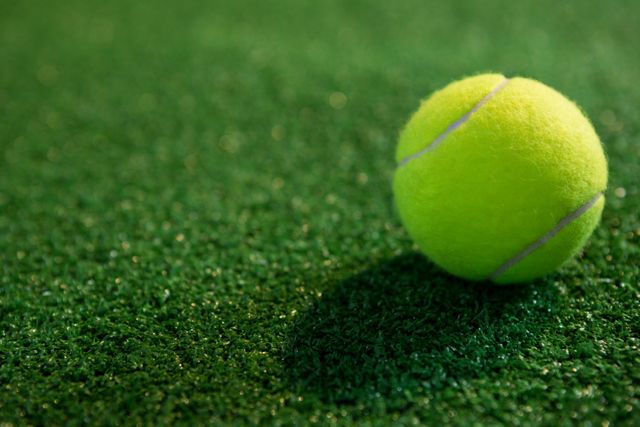 This image captures a close-up view of a fluorescent yellow tennis ball resting on a green grass court. Ideal for use in sports-related content, advertisements for tennis equipment, or articles about outdoor recreational activities. Perfect for illustrating themes of athleticism, competition, and leisure.