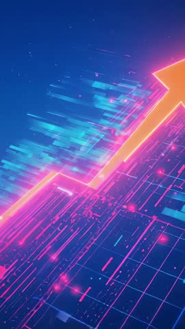 Entering Neon Arrow Rising Through Futuristic Magenta Grid and Cyan Data Bars