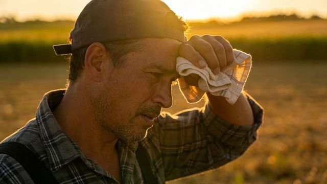 Farmer wiping sweat with rag at sunset in cornfield backlit rustic portrait wearing cap