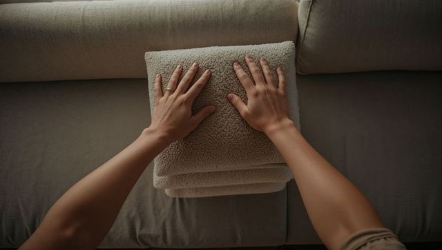 Hands smoothing folded sherpa throw on sofa, cozy living room styling, neutral tones
