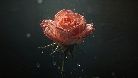 Macro view of glistening rose flower in dark misty environment