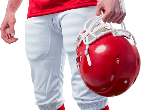 Transparent midsection of american football player holding helmet