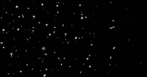Gold and silver star confetti drifting on black background, sparkling metallic celebration