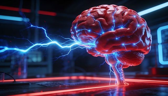 Levitating red brain sparking blue neural arcs over futuristic lab bench with neon