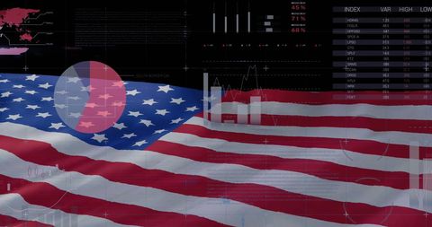 Financial Data Trends Overlaying USA Flag