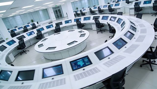 Futuristic circular control center with concentric touchscreen consoles and minimal design