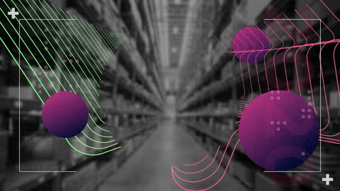 Colorful Geometric Animation Over Warehouse Aisle
