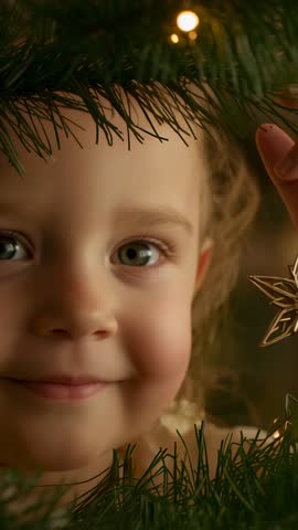 Smiling child peeking through pine branches admiring gold star ornament and warm lights
