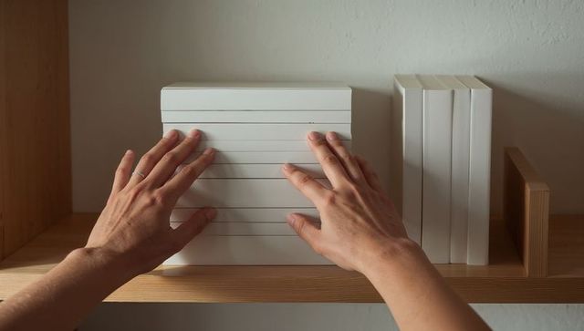 Hands arranging minimalist white grooved storage boxes on wooden shelf, natural light