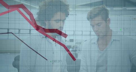 Diverse businessmen analyzing declining market trends on holographic graphs