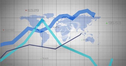 Global Market Trends Featuring Multi-Series Line Charts Over Dotted World Map and Grid