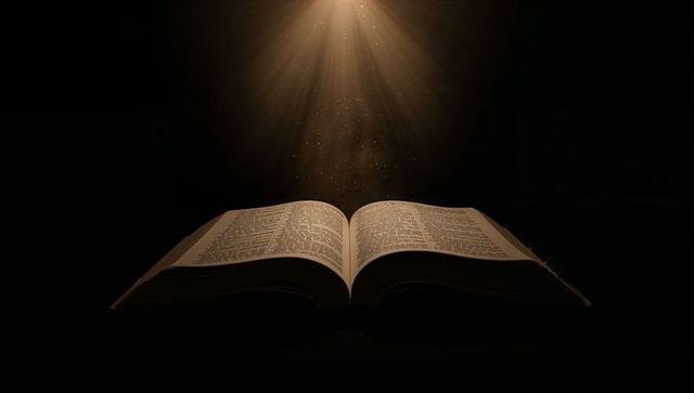 Open book bathing in warm light with floating dust and dramatic spotlight