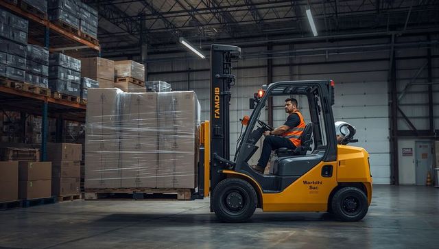 Warehouse forklift operator wearing hi-vis vest moving wrapped pallet on propane forklift