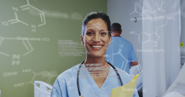 Smiling Healthcare Worker with Molecular Projections in Hospital - Download Free Stock Images Pikwizard.com