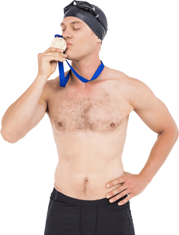 Transparent Swimmer Kissing Gold Medal in Celebration Pose