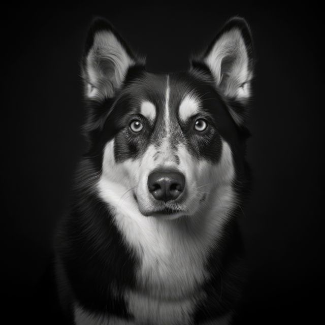 Black and white portrait capturing close-up of Siberian Husky with intense gaze against black background can be used in pet photography, animal behavior studies, advertisements for pet-related products, or artistic projects celebrating canine beauty.
