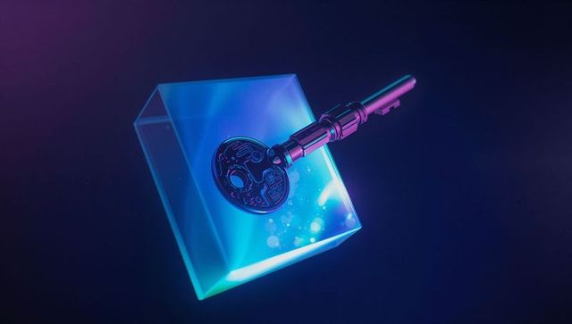 Futuristic cube with metallic key symbolizes advanced encryption technology