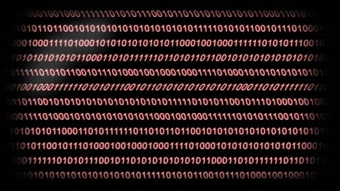 Red Circular Animation with Binary Code on Black Background