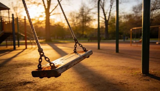 Swaying Weathered Wooden Swing at Sunset in Empty Playground with Rusted Chains