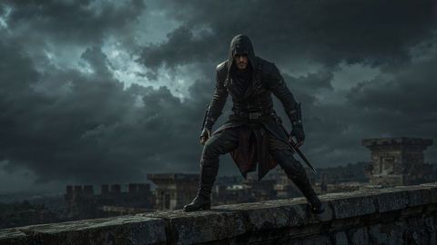 Crouching assassin warrior on fortress wall under stormy sky with sword and dagger