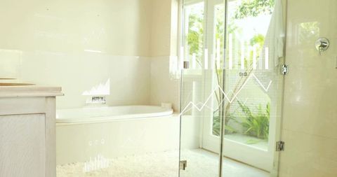 Sunlit minimalist bathroom with frameless glass shower, built-in alcove tub, courtyard