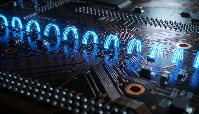 Glowing blue data arcs traveling across copper pcb traces futuristic microelectronics close-up