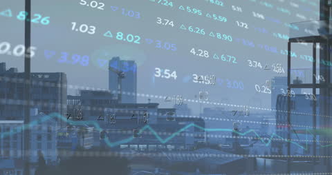 Stock Market Data Overlay Against Urban Skyline
