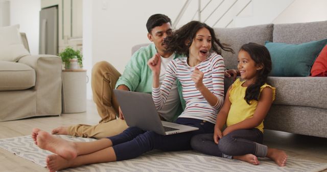 Happy Family Celebrating Together with Laptop in Living Room - Download Free Stock Images Pikwizard.com