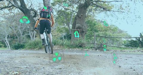 Cyclist Pedaling on Forest Trail with Digital Fitness Icons
