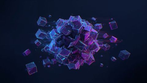 Neon glass cube cluster floating in cyberspace glowing cyan magenta ejecting particles
