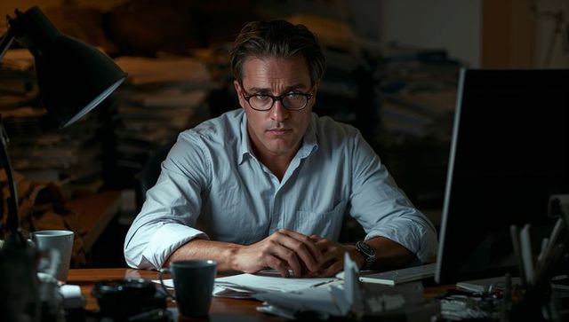 Focused analyst working late at cluttered desk with computer lamp and stacks of files