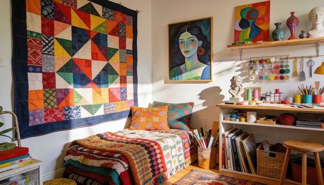 Sunlit bohemian craft studio with colorful patchwork quilt daybed, yarn and art supplies