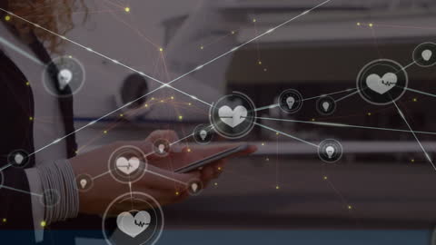 Businesswoman Using Smartphone with Digital Network Overlay