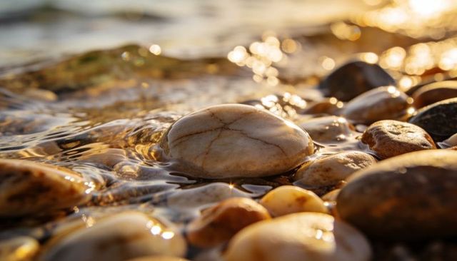 Glistening veined pebble resting on sunlit shoreline with golden ripples and bokeh